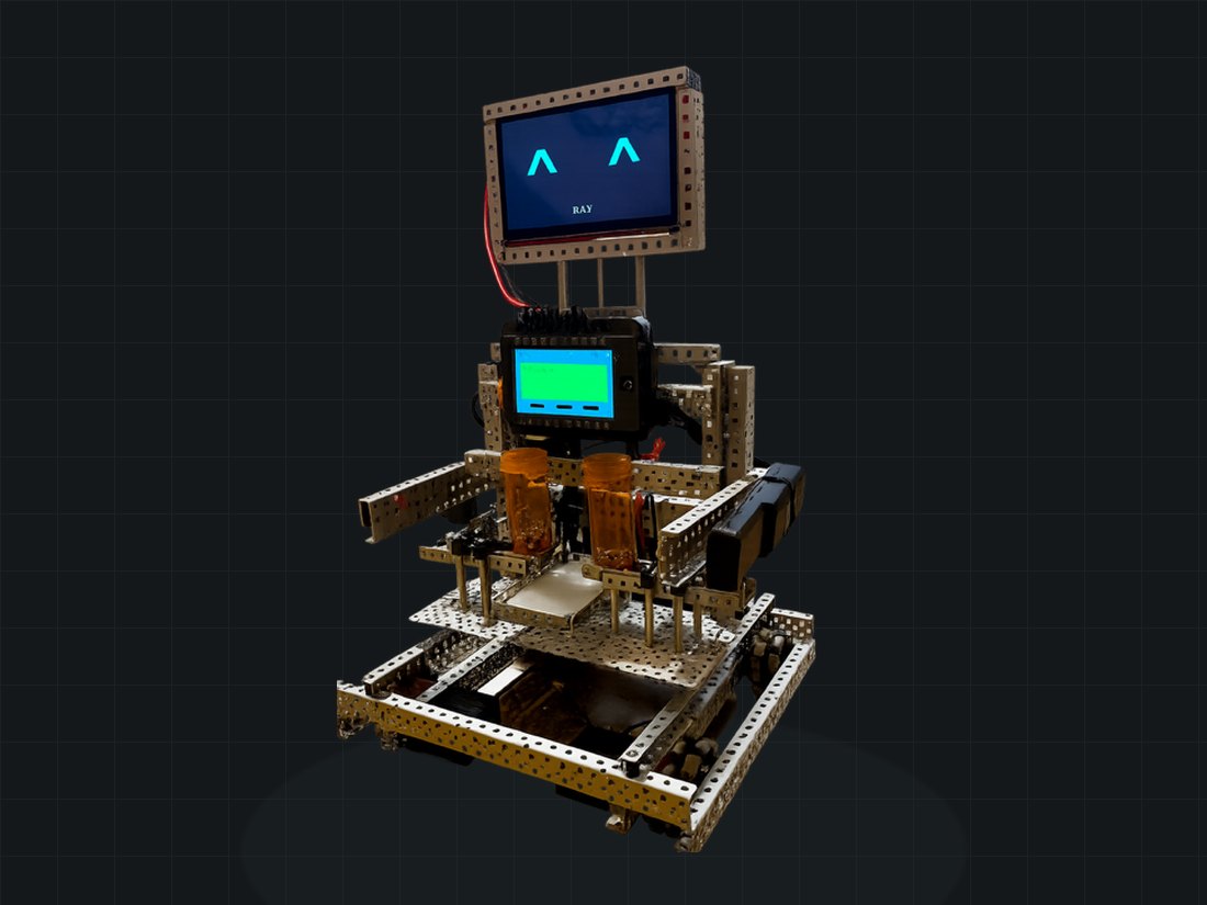 Robopyll — Ayushmaan Bellum's medication-dispensing robot prototype with a display face named RAY, control screen and pill bottles